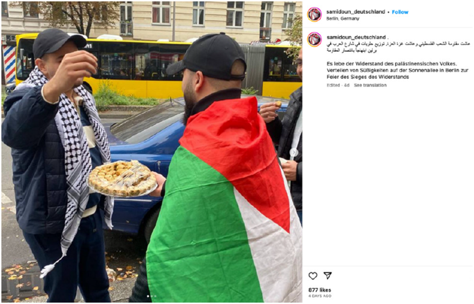 Posting auf dem Instagram-Profil von „Samidoun Deutschland“ am 7. Oktober 2023 zum Verteilen von Süßigkeiten auf der Sonnenallee in Berlin, mit dem die Terrorangriffe der HAMAS auf Israel gefeiert wurden.