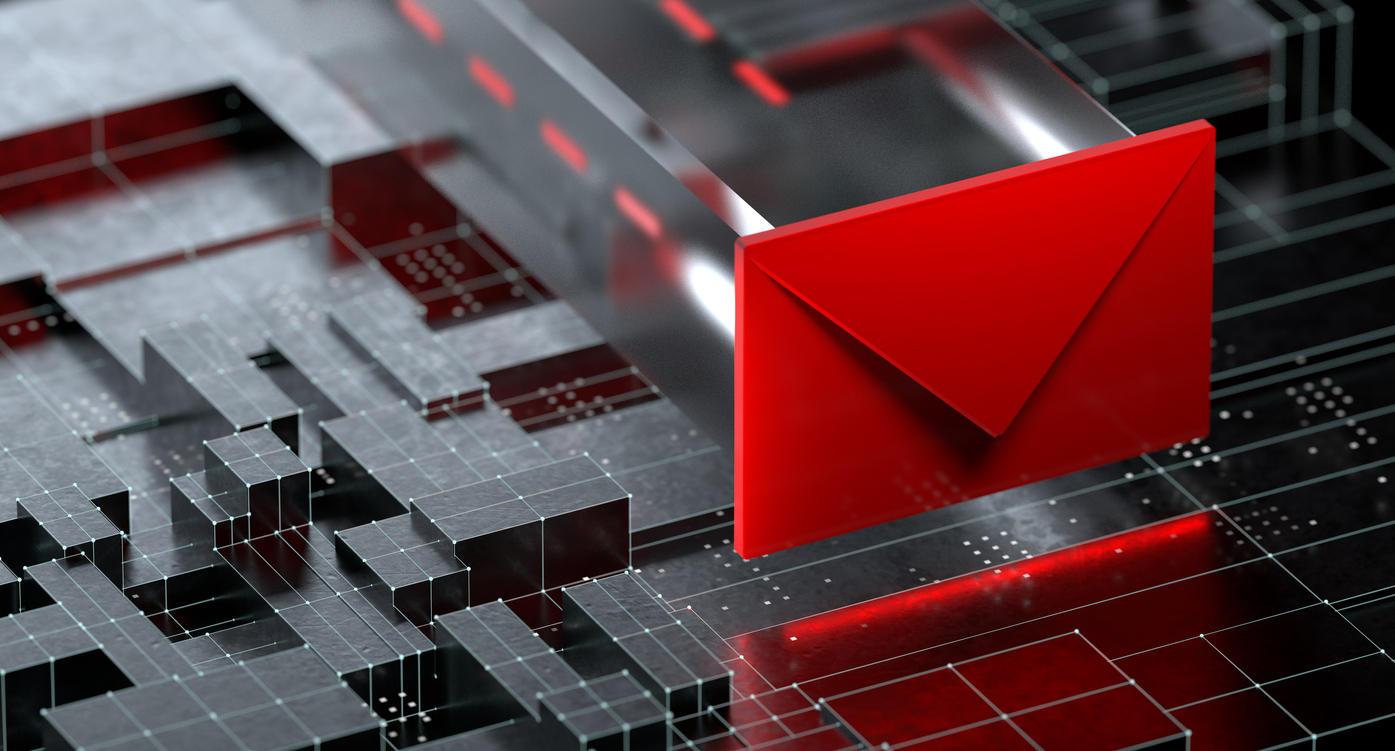 Die Abbildung zeigt ein stilisiertes Netzwerk mit einem roten Symbol für eine E-Mail.