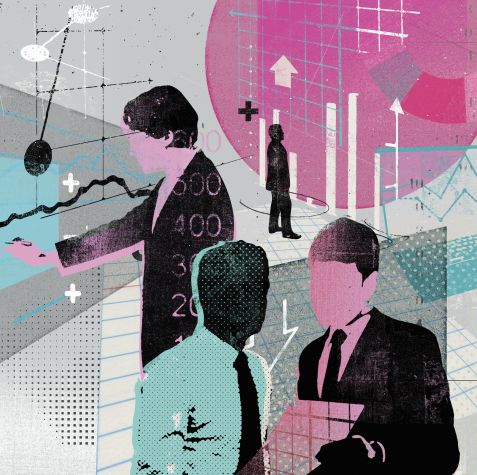 Die Collage zeigt Geschäftsleute, die Daten analysieren